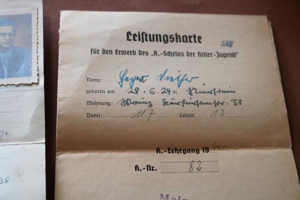 Leistungsbogen und Leistungskarte für Erwerb des K-Scheins der Hitler-Jugend  Mainz 1940